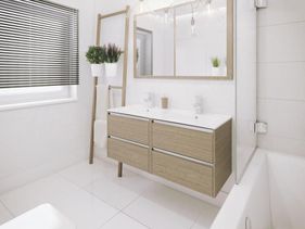 Lyst bad med innredning i tre